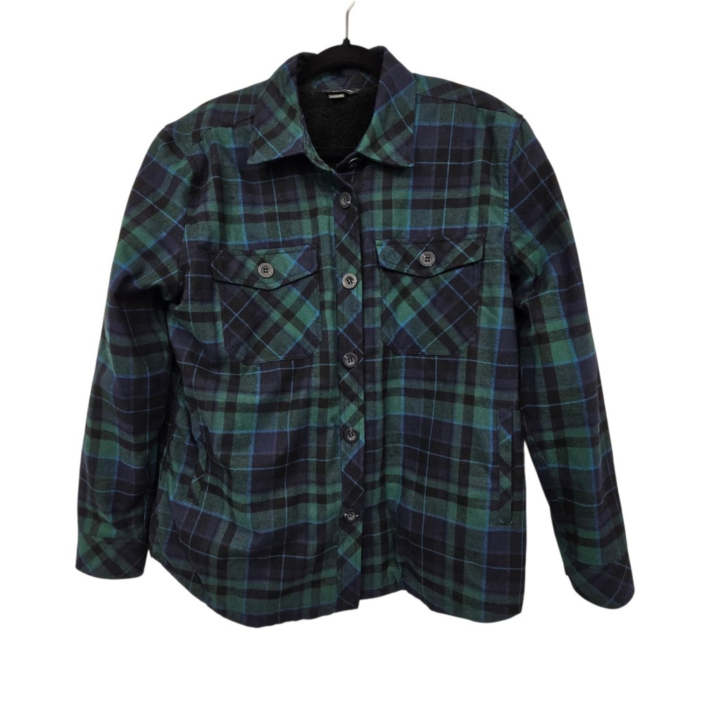 Eddie Bauer Plaid Sherpa Lined Shacket Women's M Blue Green Outdoor Jacket Shirt